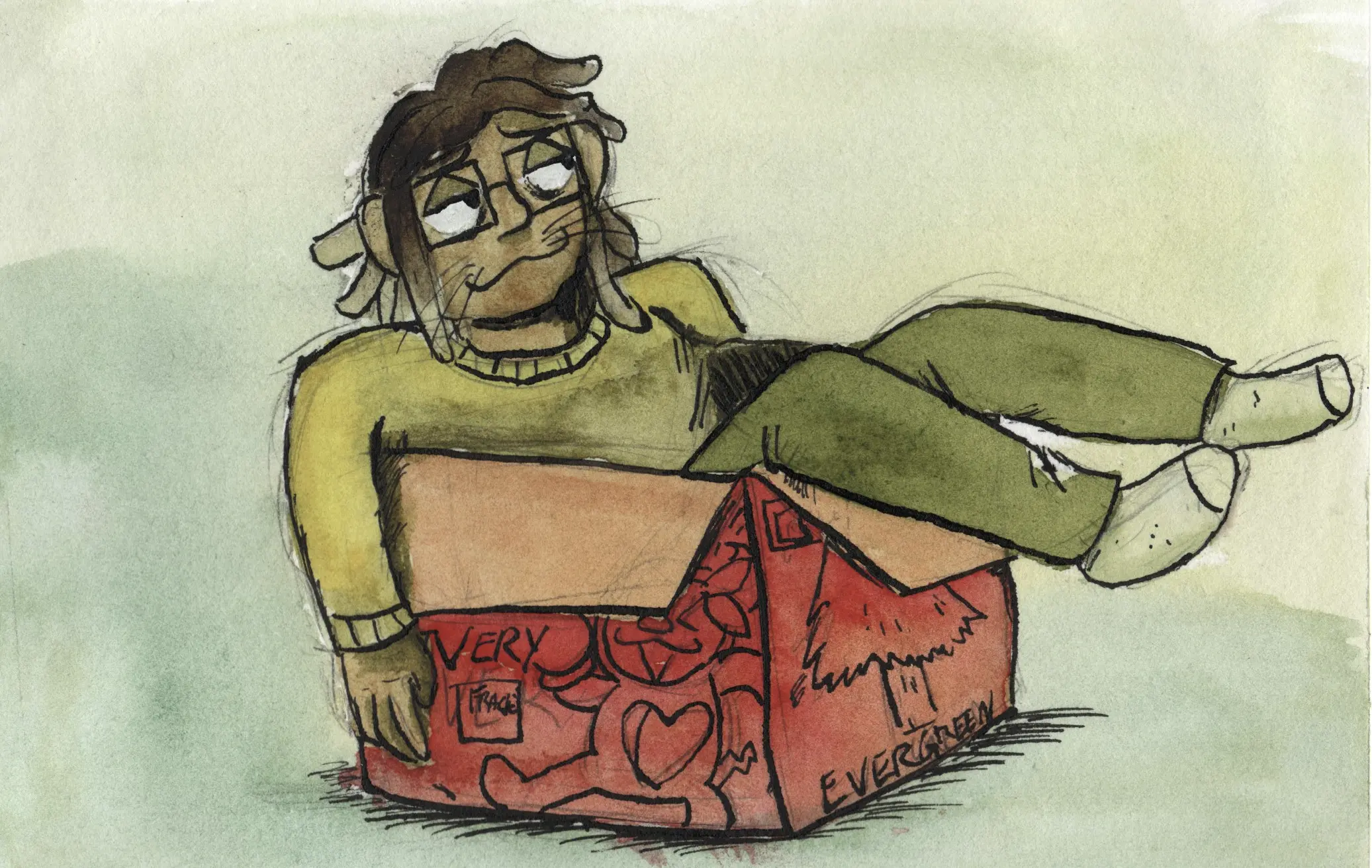 a self-portrait of the artist sitting in a cardboard box